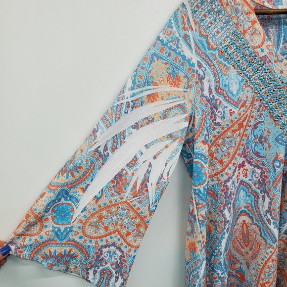 Reba Womens L Multicolor Paisley Beaded V-Neck Knit Tunic Top NWT Made USA - Picture 8 of 16